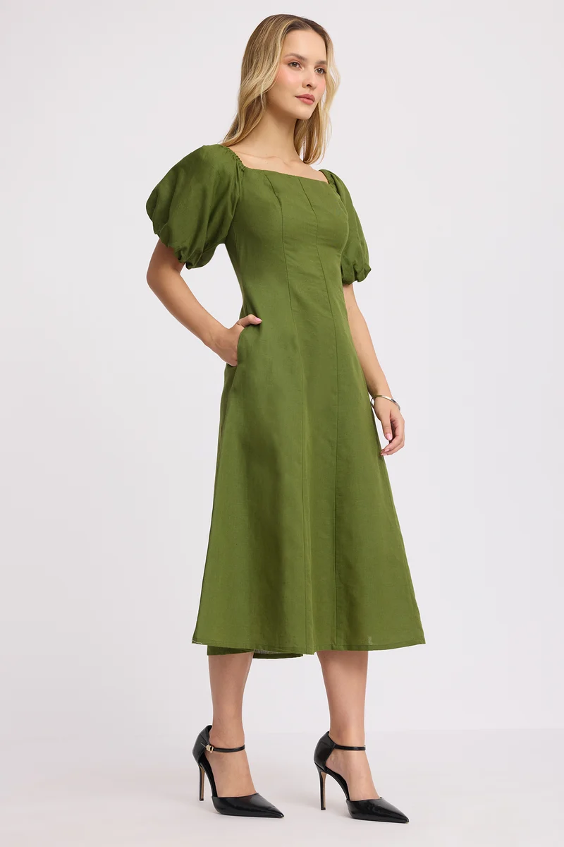 Junae|100% Cotton Off Shoulder Midi Dress