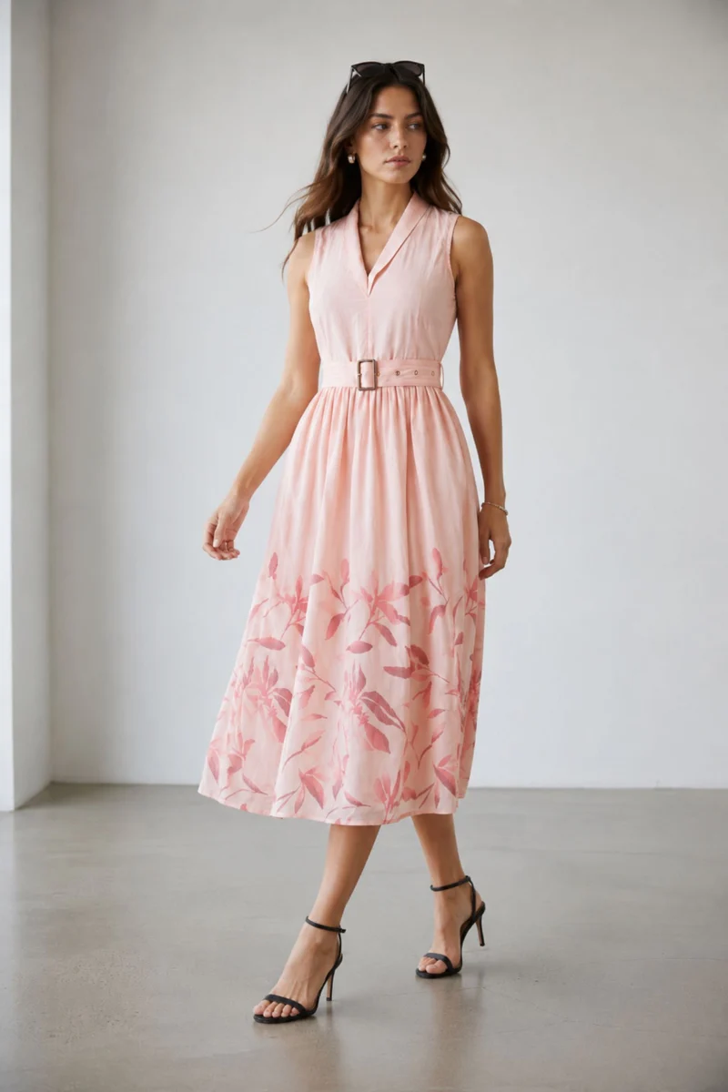 Perlina|100% Cotton V-Neck Midi Dress With Belt