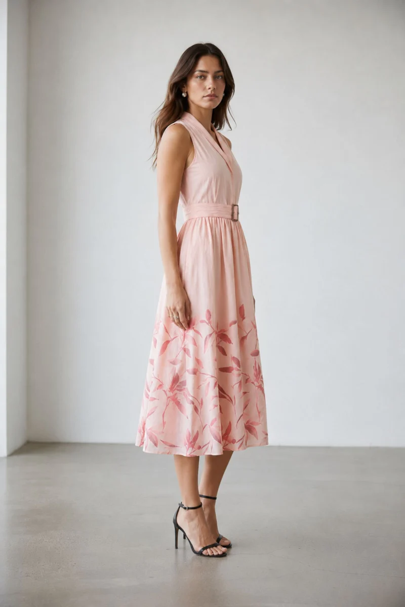 Perlina|100% Cotton V-Neck Midi Dress With Belt