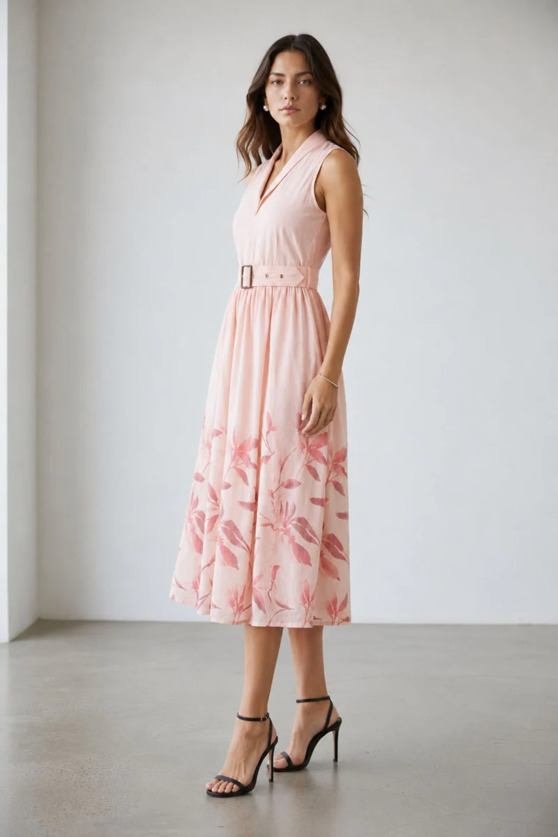 Perlina|100% Cotton V-Neck Midi Dress With Belt