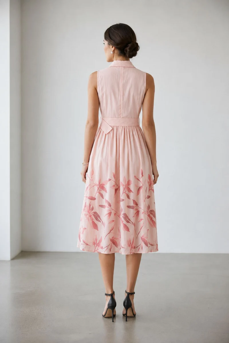 Perlina|100% Cotton V-Neck Midi Dress With Belt