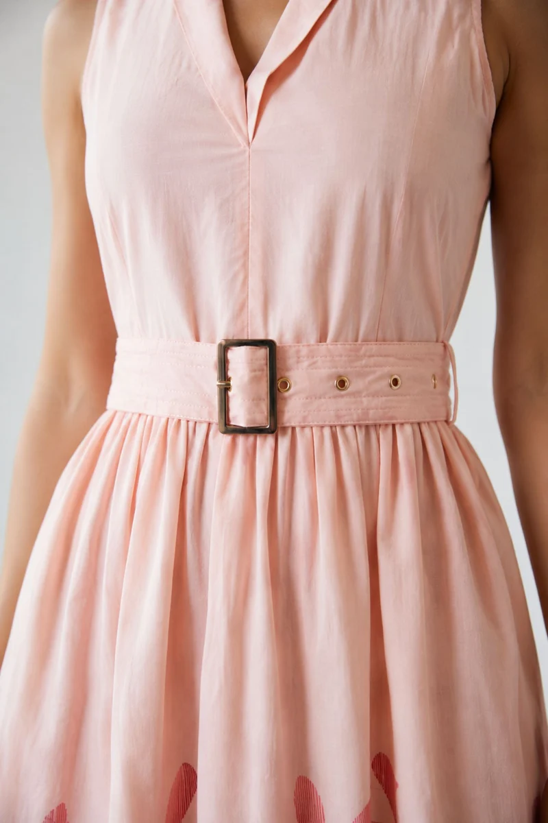 Perlina|100% Cotton V-Neck Midi Dress With Belt