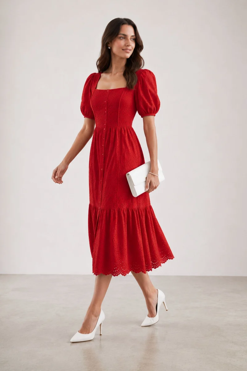 Odelia|100% Cotton Schiffli Puff Sleeve Midi Dress