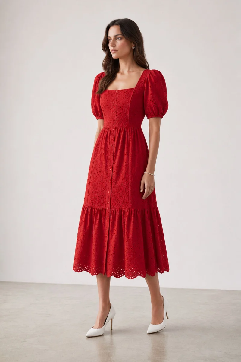 Odelia|100% Cotton Schiffli Puff Sleeve Midi Dress