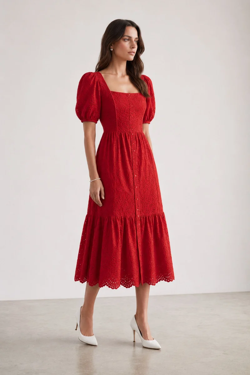 Odelia|100% Cotton Schiffli Puff Sleeve Midi Dress