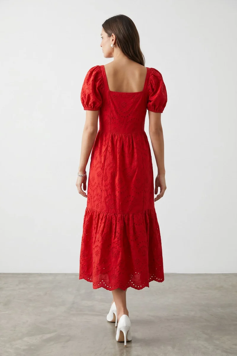 Odelia|100% Cotton Schiffli Puff Sleeve Midi Dress