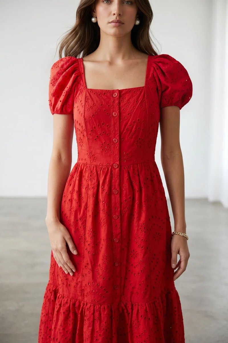 Odelia|100% Cotton Schiffli Puff Sleeve Midi Dress