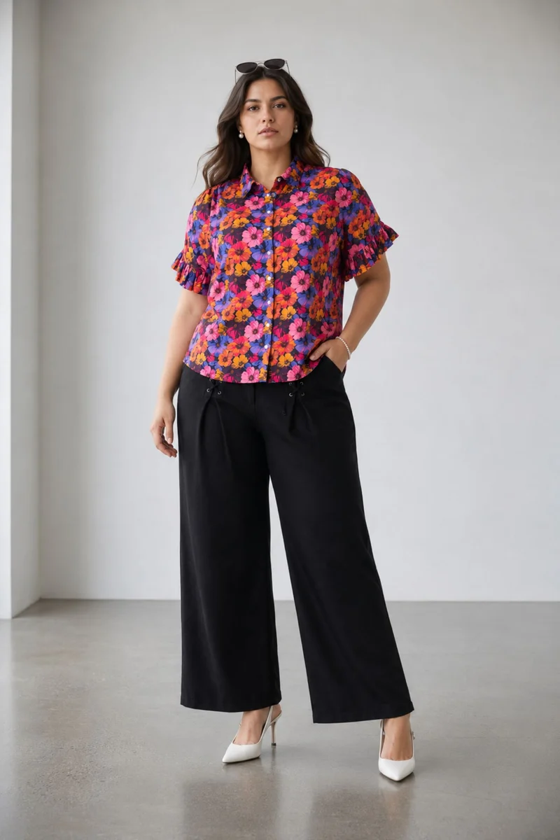 Galene|100% Cotton Printed Ruffle Sleeve Shirt