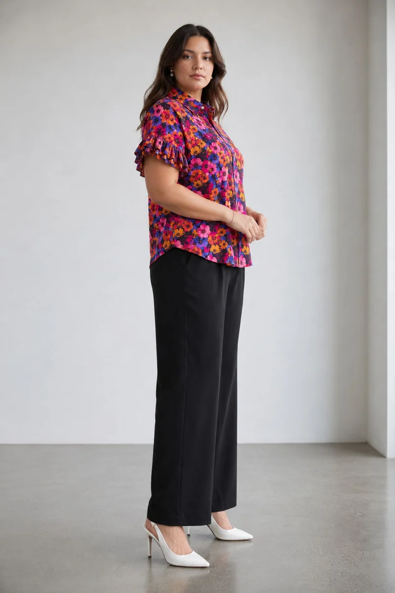 Galene|100% Cotton Printed Ruffle Sleeve Shirt