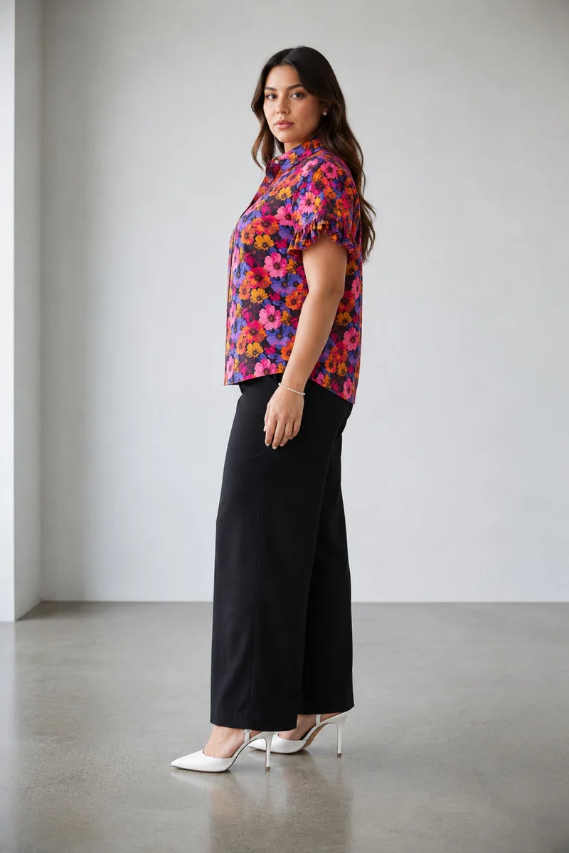 Galene|100% Cotton Printed Ruffle Sleeve Shirt