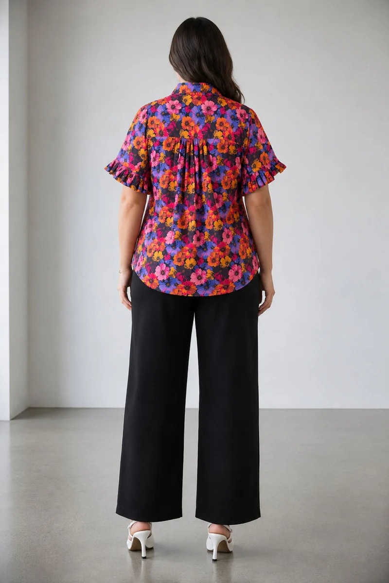 Galene|100% Cotton Printed Ruffle Sleeve Shirt