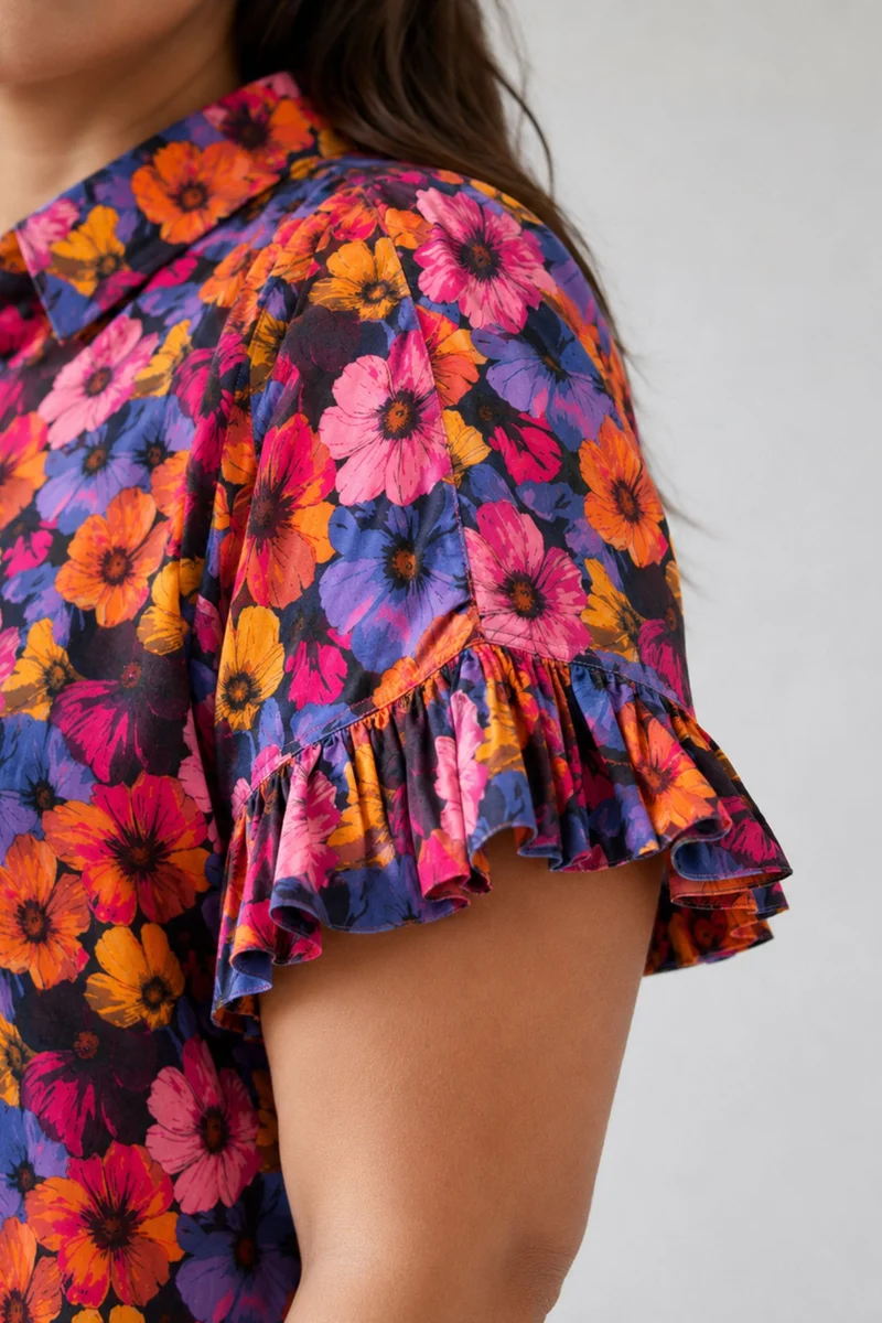 Galene|100% Cotton Printed Ruffle Sleeve Shirt