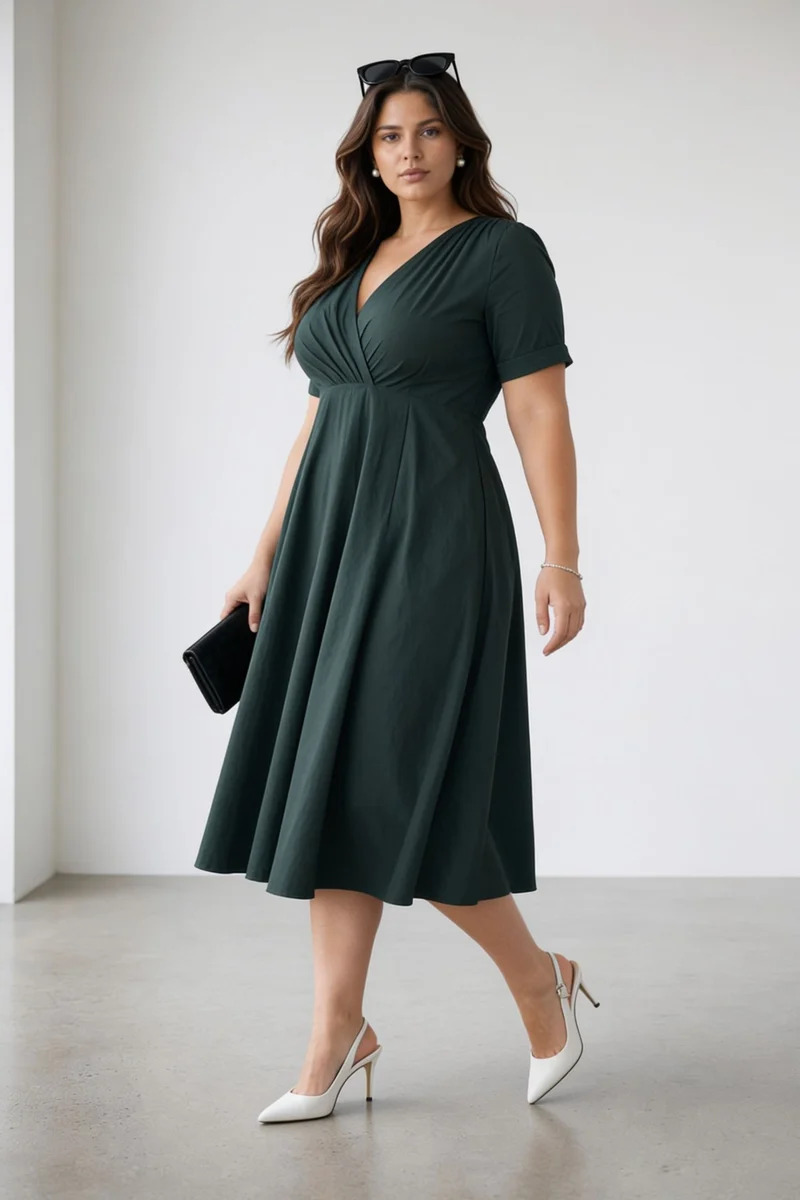 Estina|100% Cotton Gathered V Neck Midi Dress
