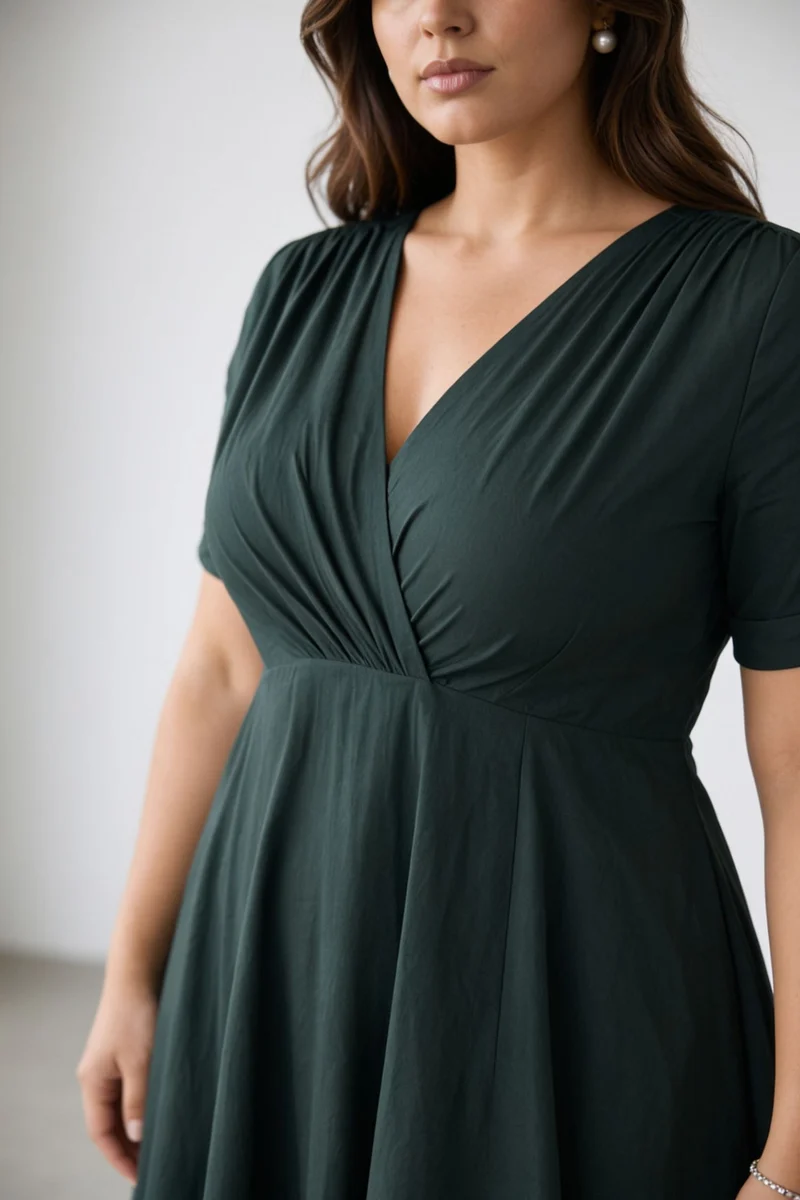 Estina|100% Cotton Gathered V Neck Midi Dress