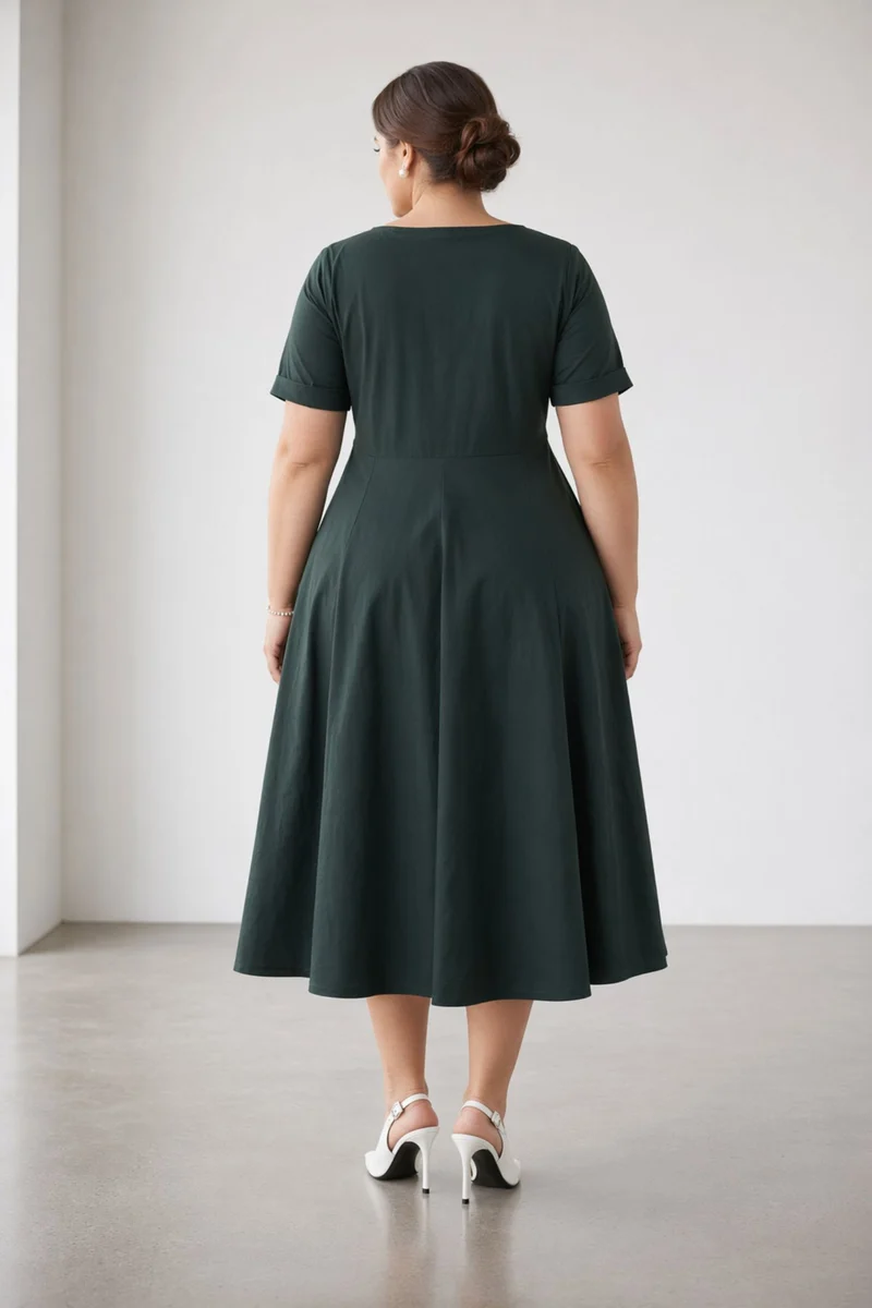 Estina|100% Cotton Gathered V Neck Midi Dress