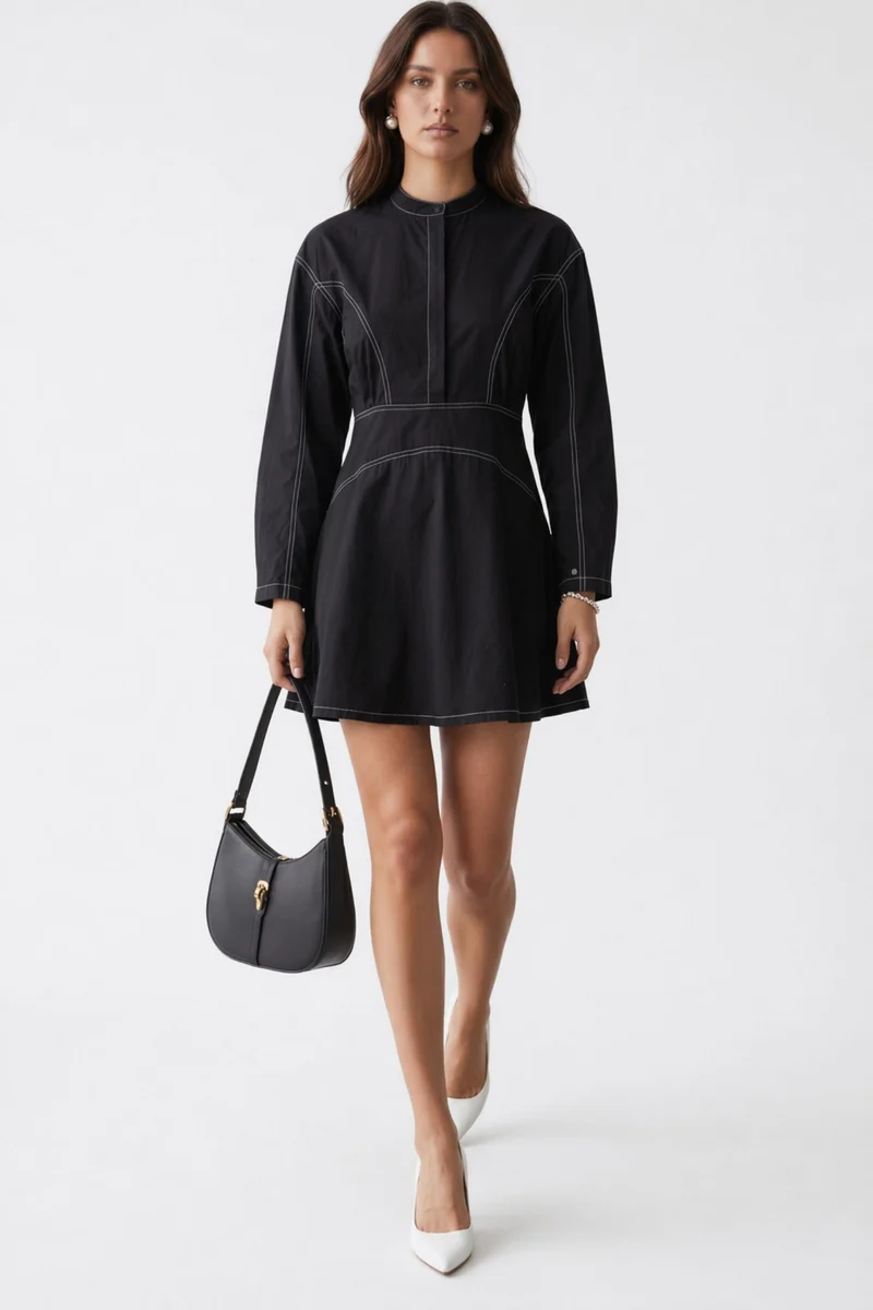 Lorenae|100% Cotton Topstitch Detail Mini Dress