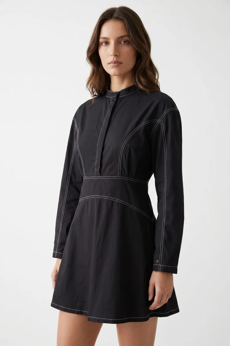 Lorenae|100% Cotton Topstitch Detail Mini Dress