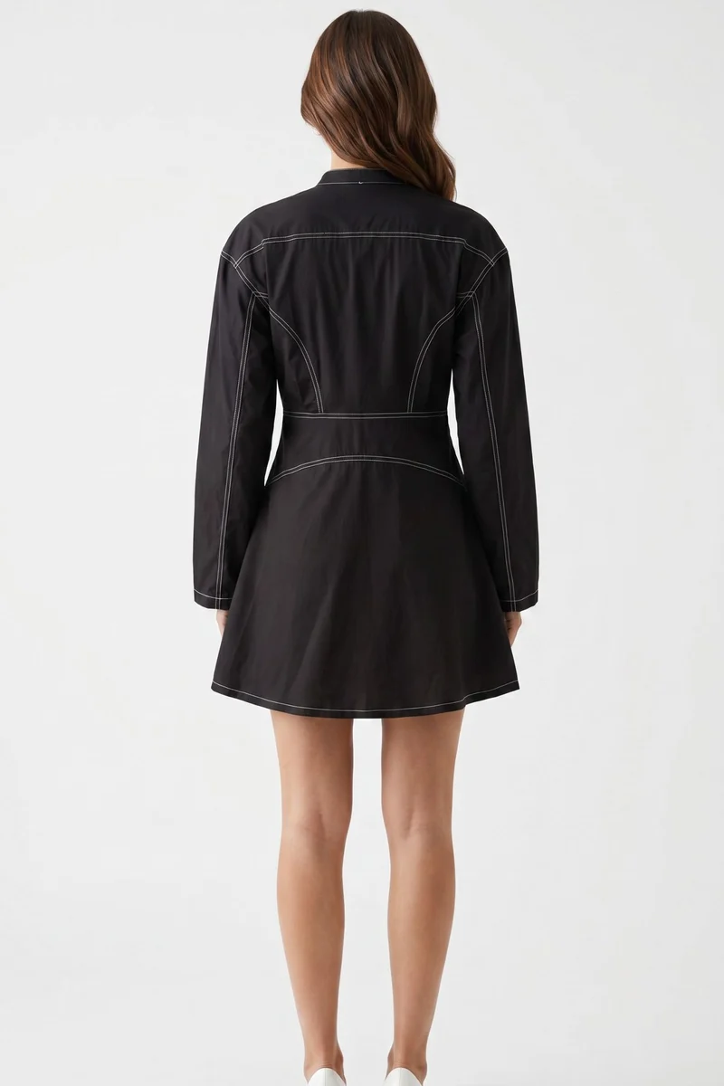 Lorenae|100% Cotton Topstitch Detail Mini Dress