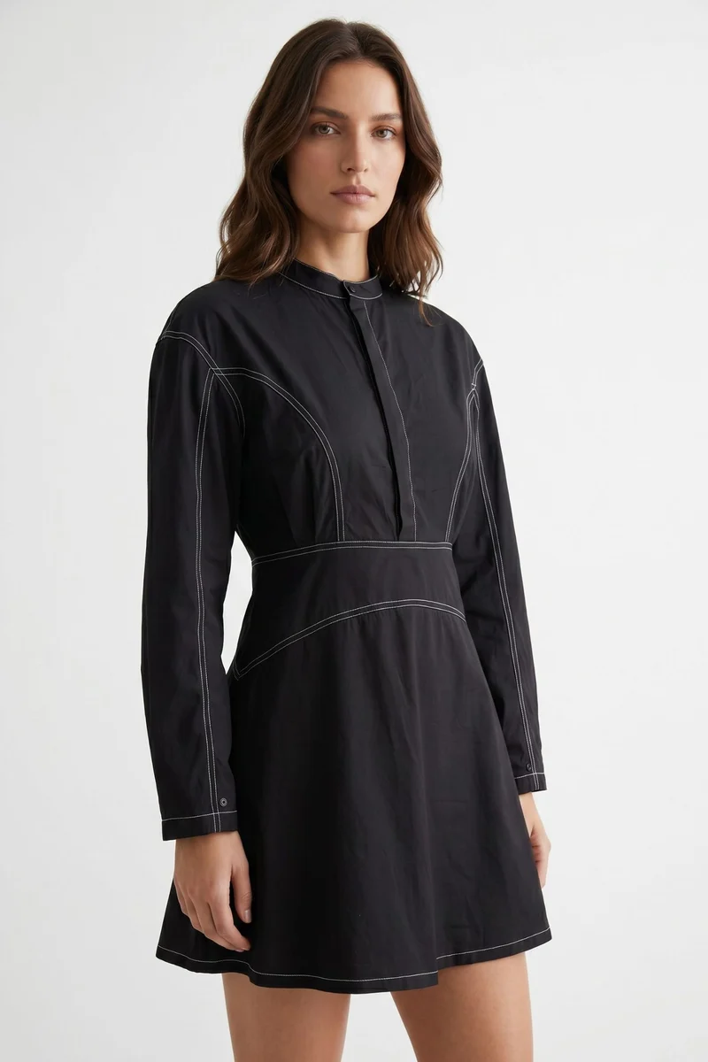 Lorenae|100% Cotton Topstitch Detail Mini Dress