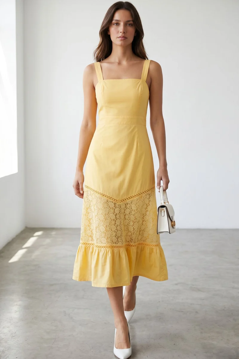 Arissa|100% Cotton Dress With Lace Panel Detail