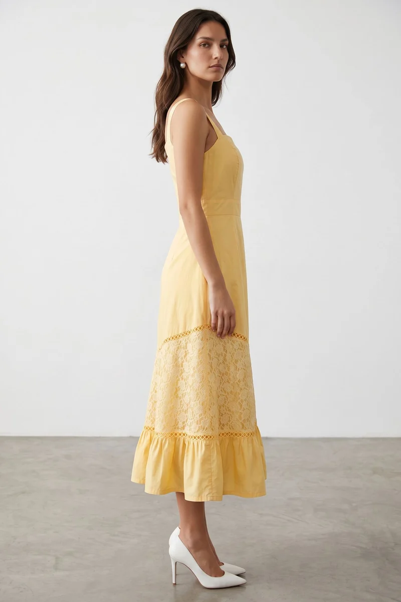 Arissa|100% Cotton Dress With Lace Panel Detail