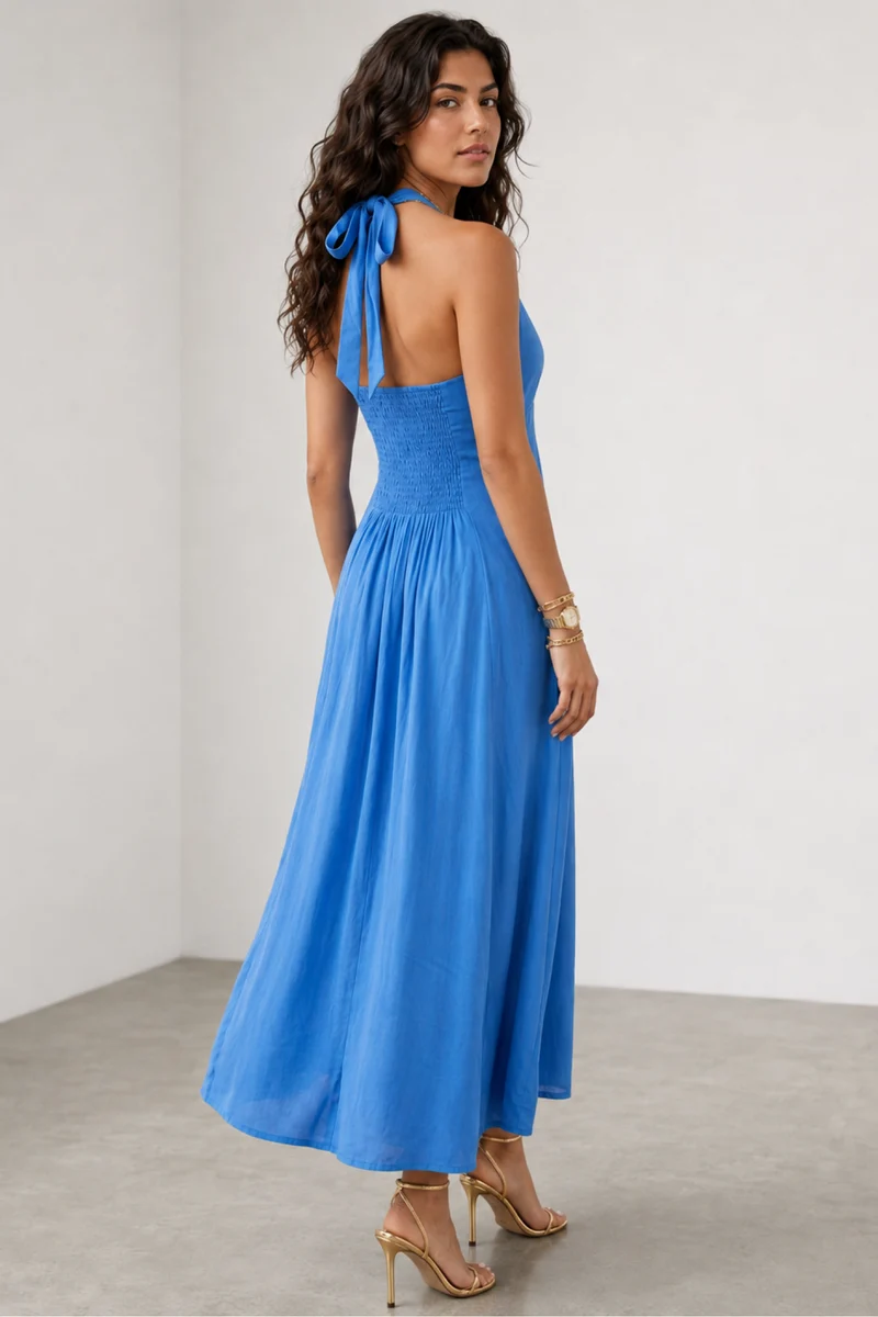 Narelle|100% Viscose Halter Neck Flared Midi Dress