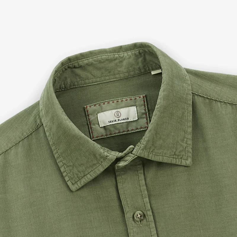 Chemise manches longues unie en coton velours vert militaire Charles