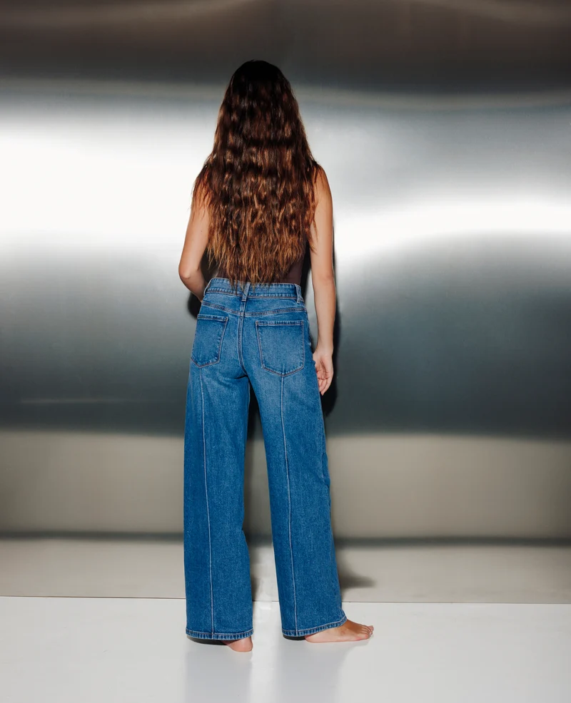 Jean wide taille haute avec coutures façon plis