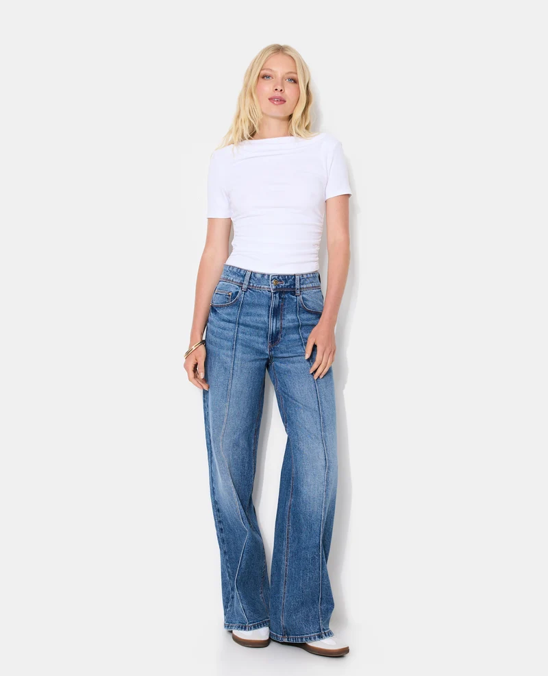 Jean wide taille haute avec coutures façon plis