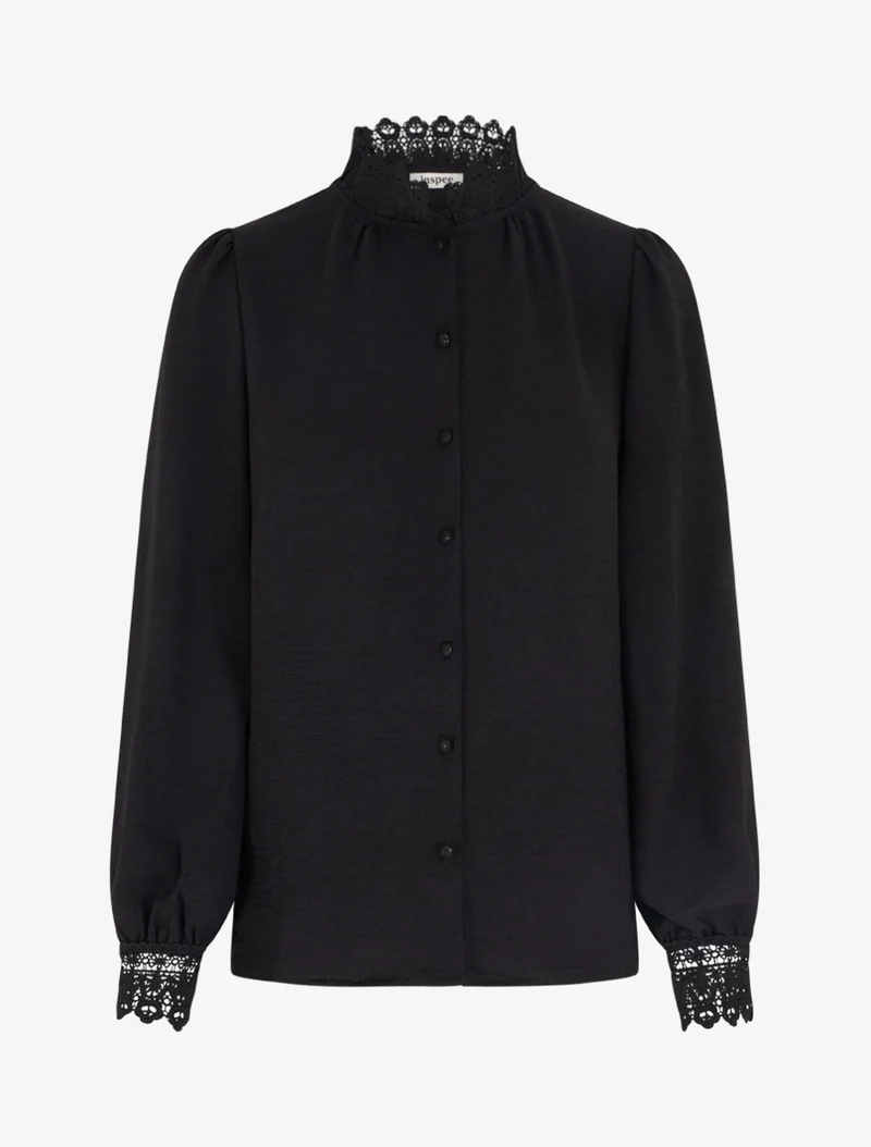 Blouse fluide col mao en dentelle - Noir