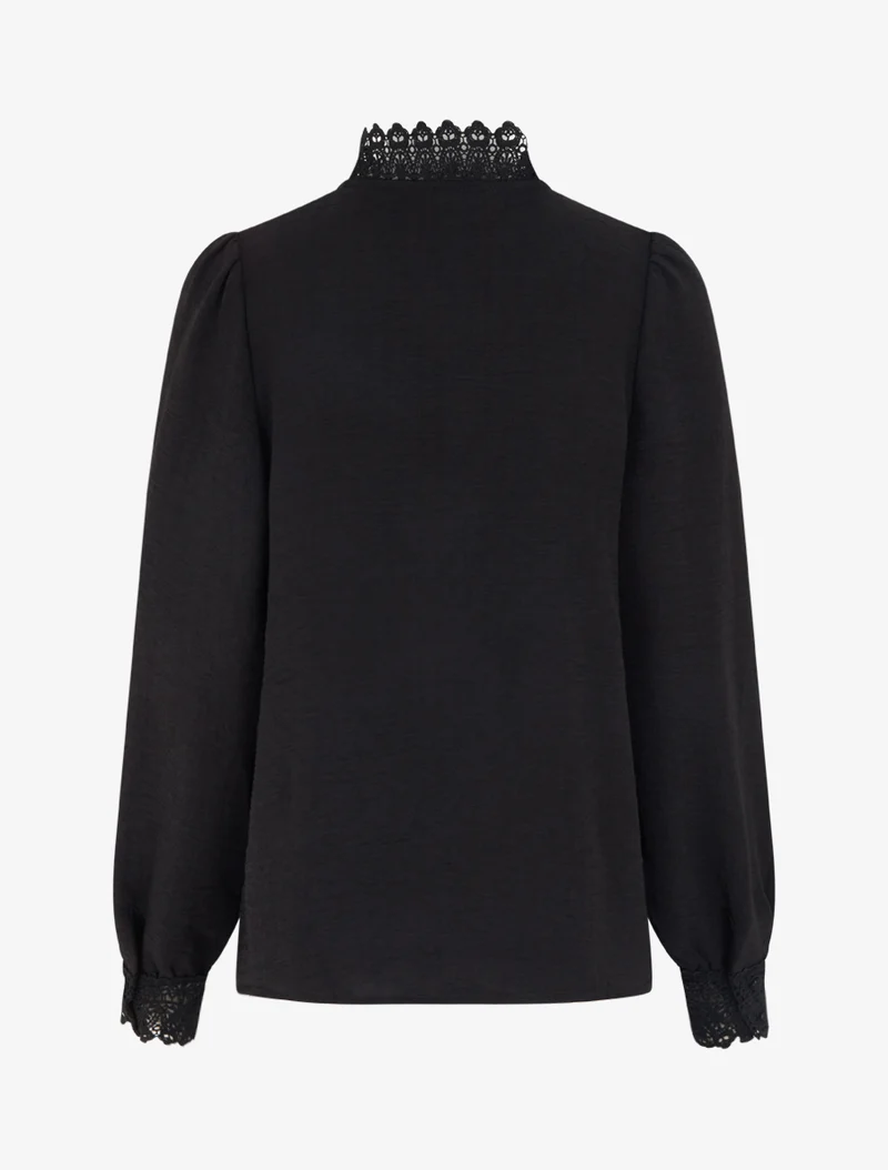 Blouse fluide col mao en dentelle - Noir