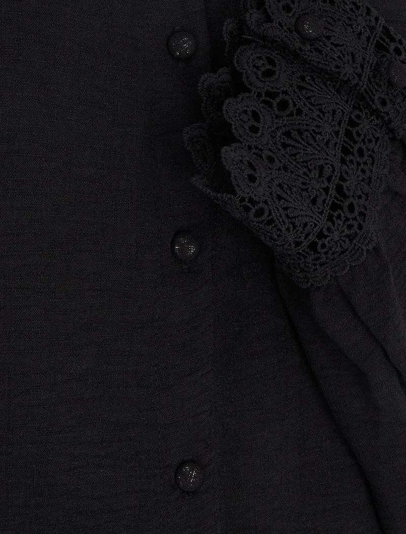 Blouse fluide col mao en dentelle - Noir