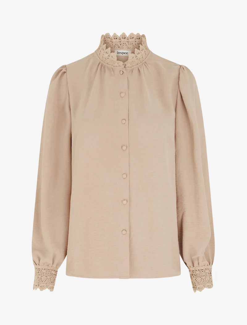 Blouse fluide col mao en dentelle - Beige