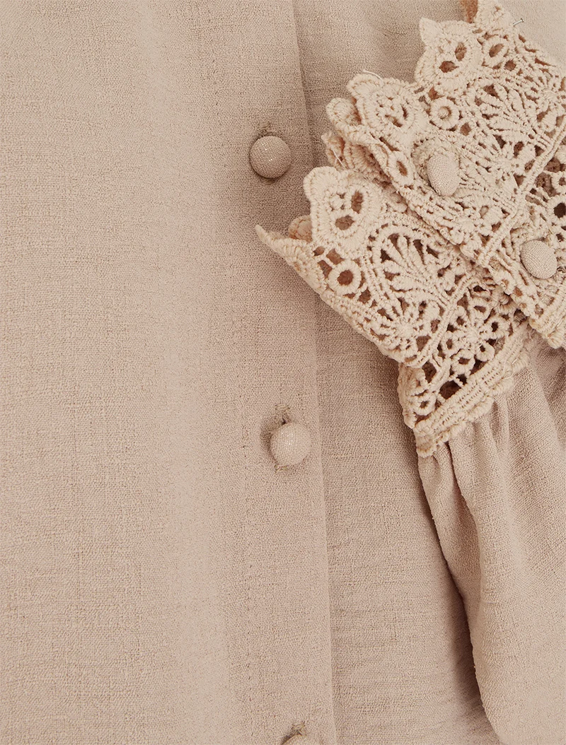 Blouse fluide col mao en dentelle - Beige