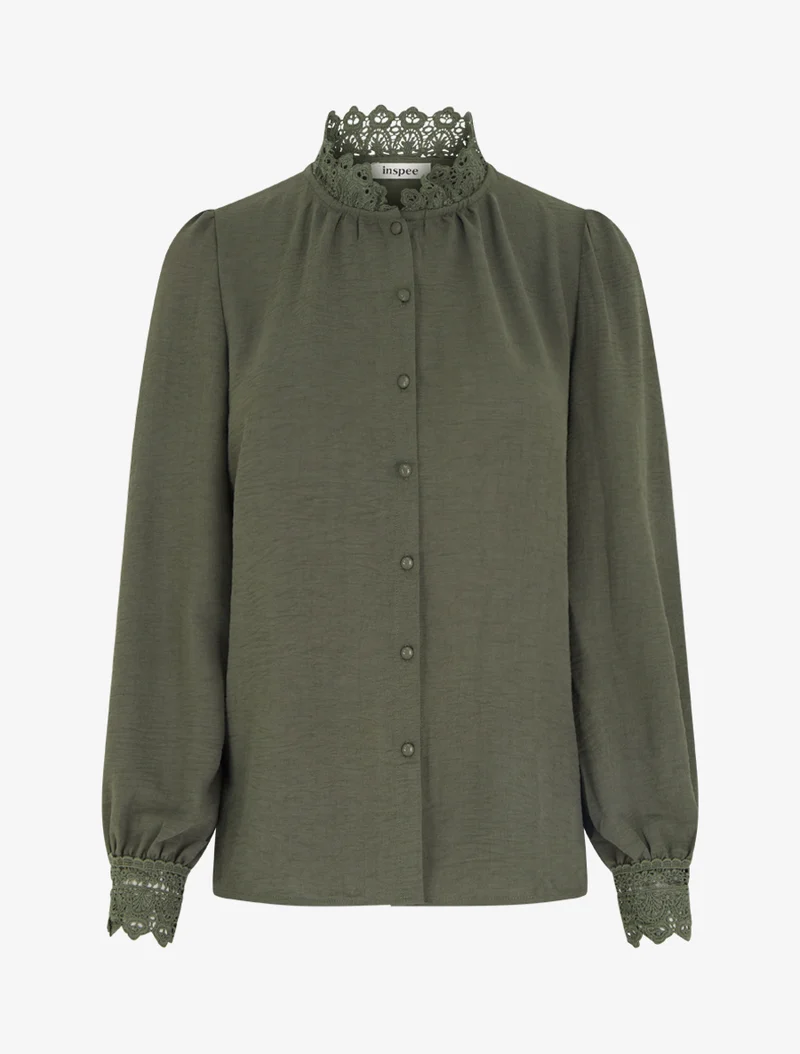 Blouse fluide col mao en dentelle - Kaki