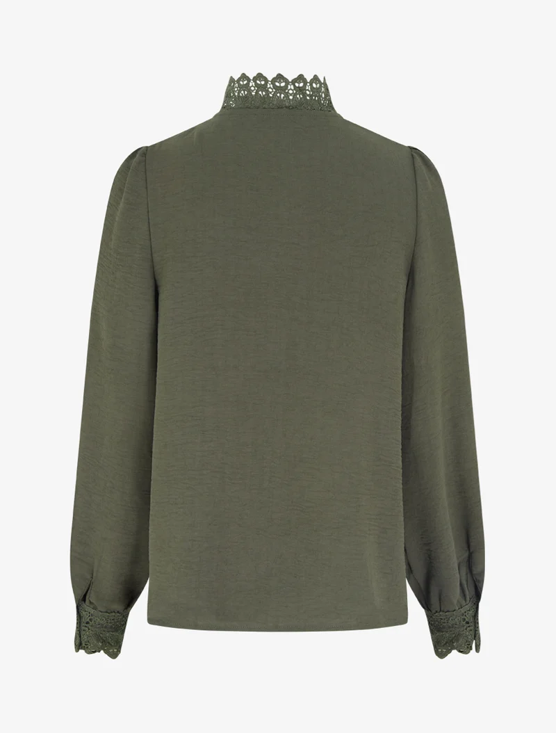Blouse fluide col mao en dentelle - Kaki