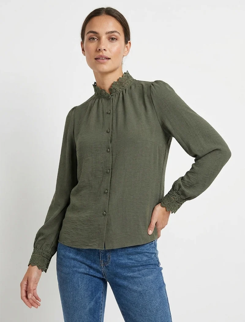 Blouse fluide col mao en dentelle - Kaki