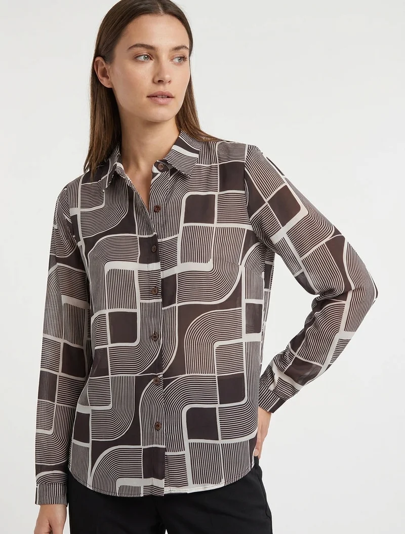 Chemise fluide transparente imprimé graphique - Chocolat