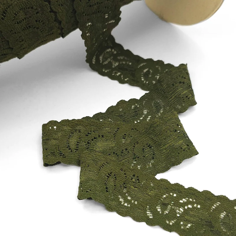 Galon de dentelle florale extensible | Vert olive | 25 mm - 1''