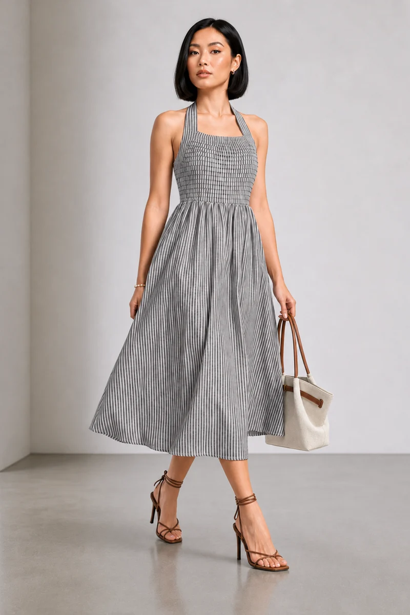 Odessa|100% Cotton Halter Neck Pleated Dress