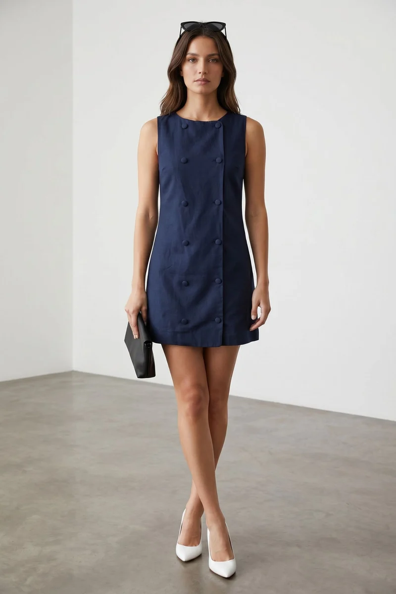Merisse|100% Cotton Double Breasted Mini Dress