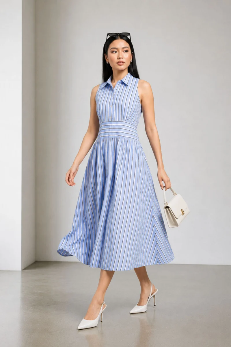 Meliora|100% Cotton Collared Waist Panel Maxi Dress