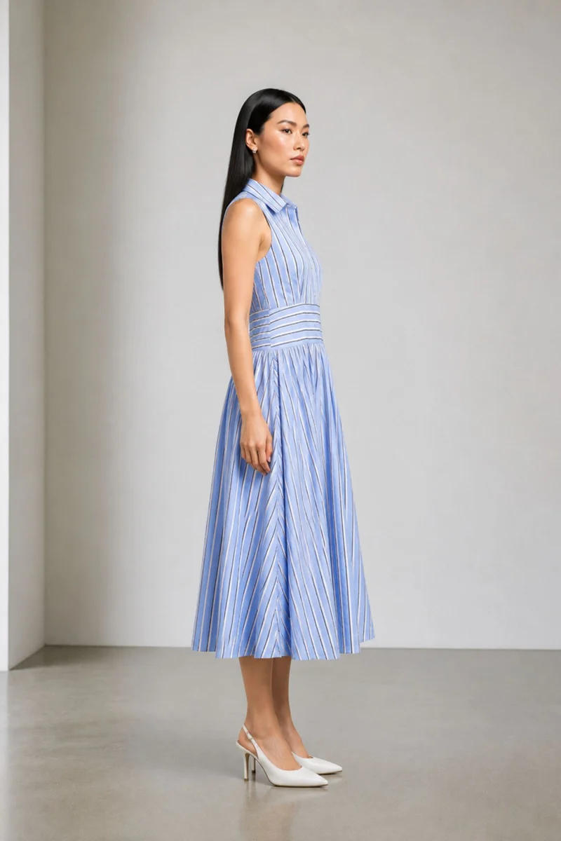 Meliora|100% Cotton Collared Waist Panel Maxi Dress