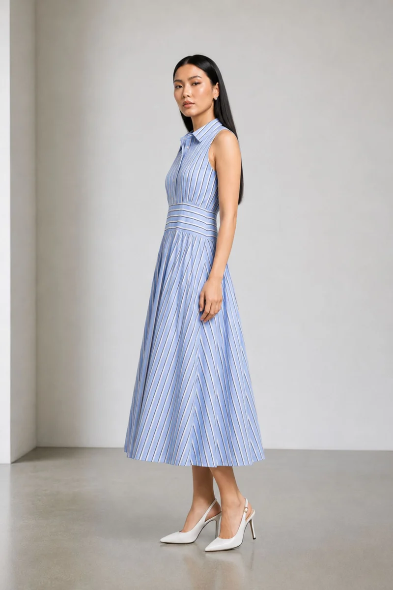 Meliora|100% Cotton Collared Waist Panel Maxi Dress