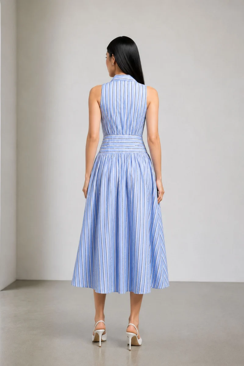 Meliora|100% Cotton Collared Waist Panel Maxi Dress