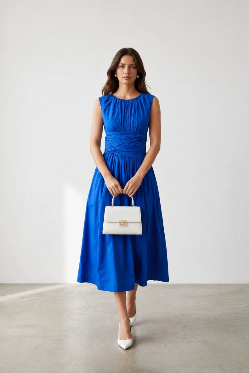 Elowise|100% Cotton Draped Waist Midi Dress