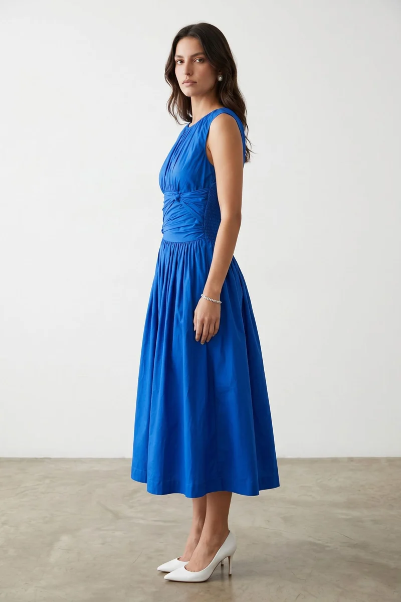 Elowise|100% Cotton Draped Waist Midi Dress