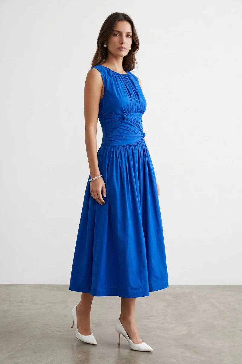 Elowise|100% Cotton Draped Waist Midi Dress