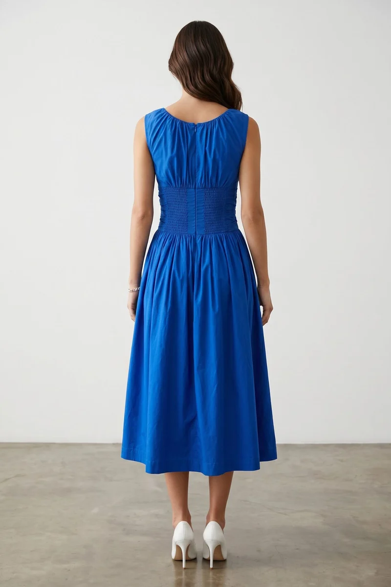 Elowise|100% Cotton Draped Waist Midi Dress