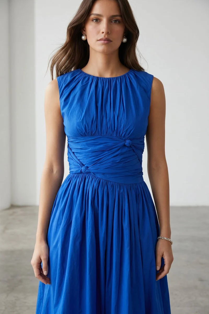 Elowise|100% Cotton Draped Waist Midi Dress